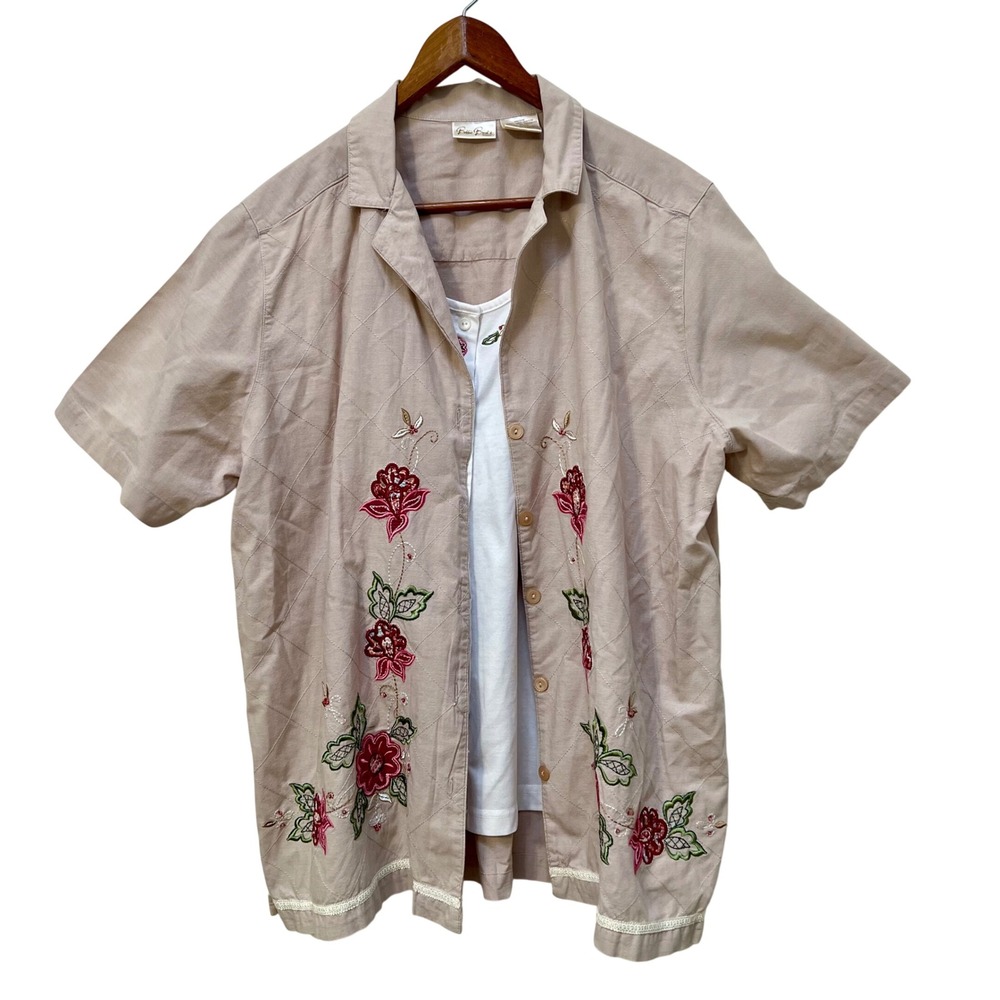 Bobbie Brooks Tan Floral Embroidered Quilted Button Up Blouse Womens VTG Neutral